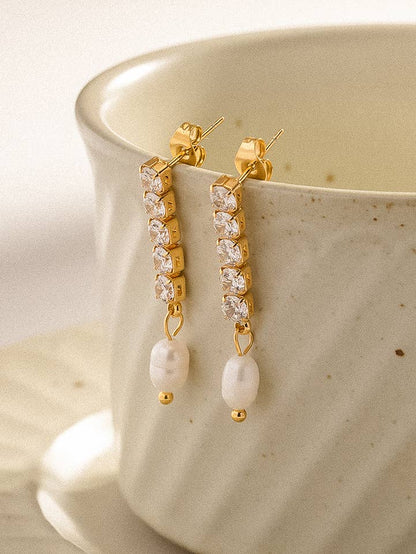 18K Gold Non-Tarnish CZ Pearl Drop Earring