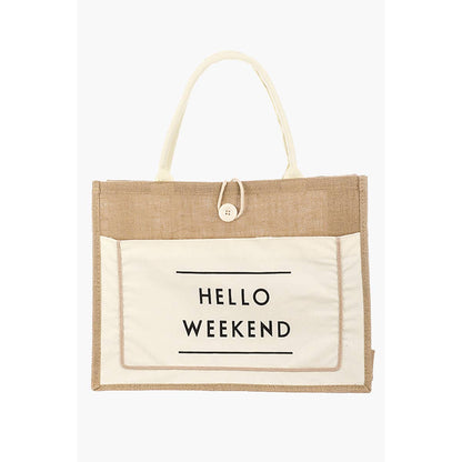 Hello Weekend Burlap Tote Bag - Standard Width