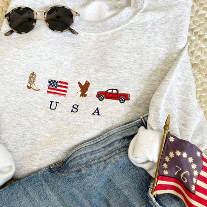 USA Embroidered Icons Crewneck Sweatshirt