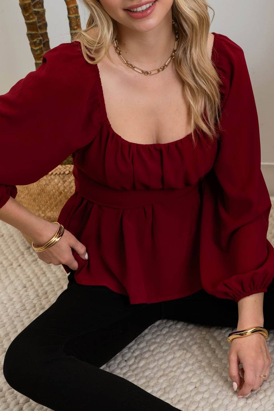 SCOOP NECK LONG SLEEVE BACK WAIST TIE BLOUSE