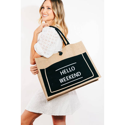 Hello Weekend Burlap Tote Bag - Standard Width