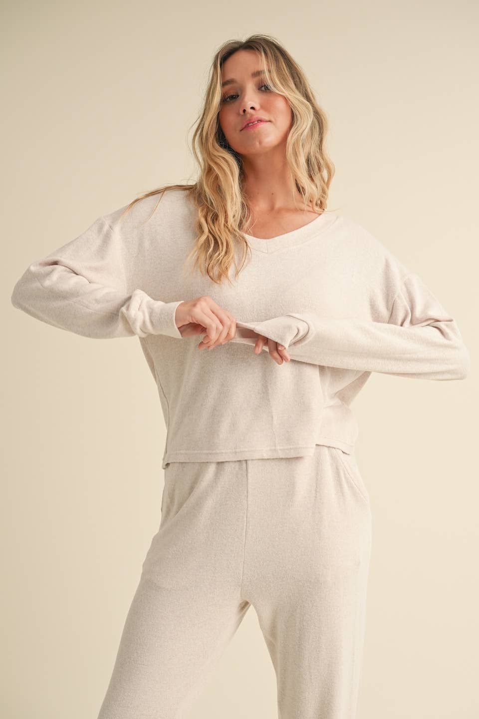 Brushed Hacci Long Sleeve V Neck Top