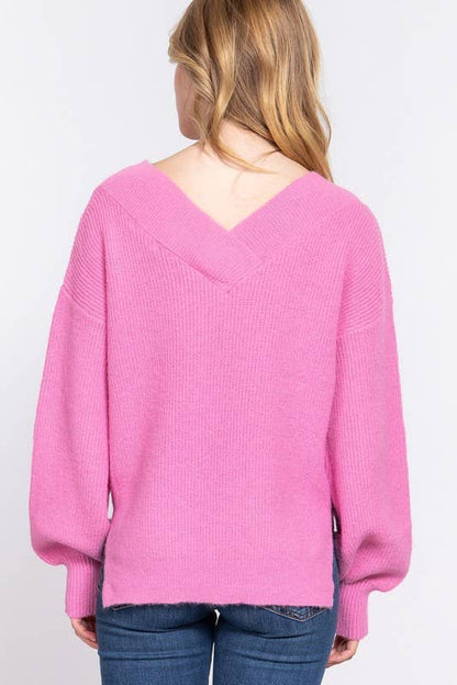 Long Sleeve  Double V-neck  Sweater