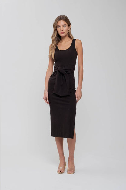 FRONT TIE SWEATER KNIT TANK MIDI DRESS