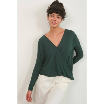 DZ24F312-DRAPED LONG SLEEVE SURPLICE TOP