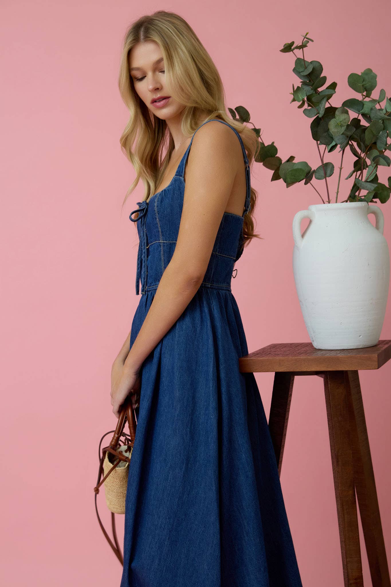LACE UP DENIM MIDI DRESS